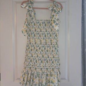 MABLE White, Yellow & Green Floral Smocked + Ruffled Dress
